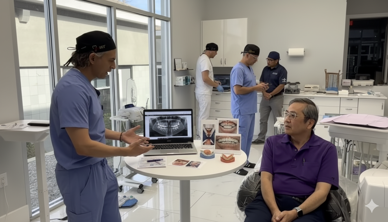 Dr. Athari reviewing dental X-rays on a laptop with a patient during a consultation at Pleasant-Smiles in Henderson, NV