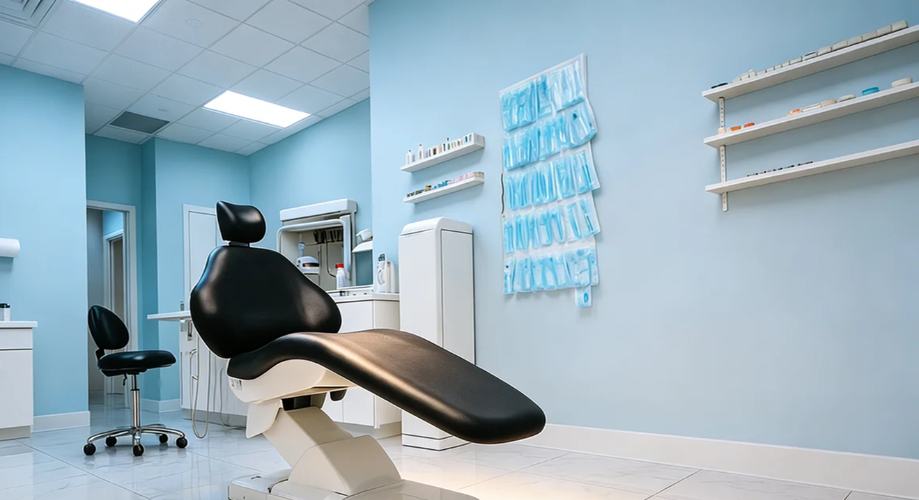 A comfortable, modern dental chair in a calm treatment room at Pleasant-Smiles in Henderson